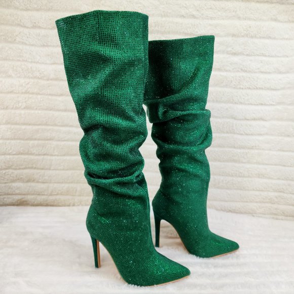 Radiant Emerald Green Rhinestone High Heel Slouch Knee High Boots - Picture 8 of 9